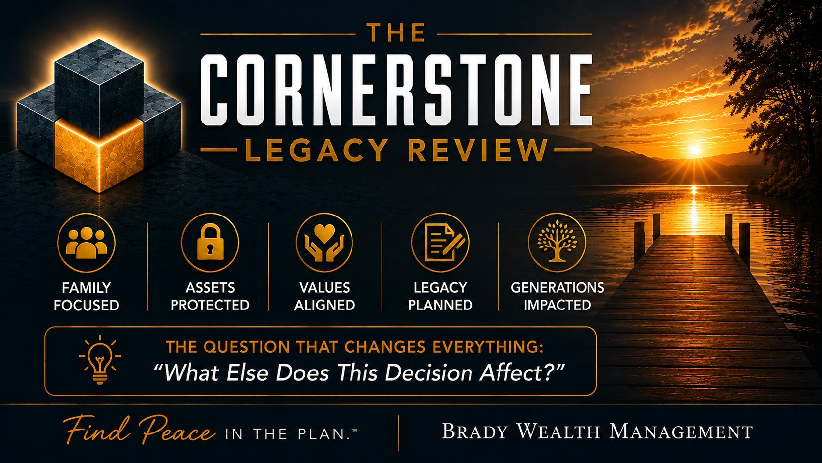 The Cornerstone Legacy Review promotional graphic by Brady Wealth Management featuring five key pillars: Family Focused, Assets Protected, Values Aligned, Legacy Planned, and Generations Invested.