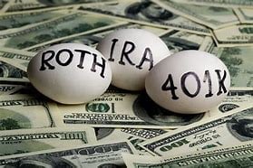 Three white eggs labeled Roth, IRA, and 401k on US dollar bills representing retirement savings options